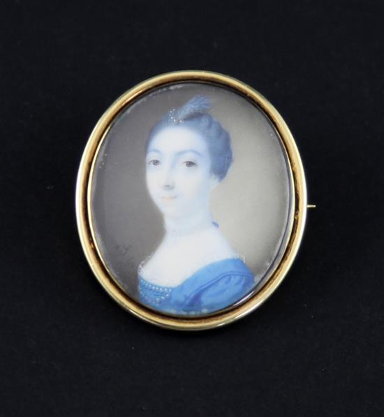 John Smart (1742-1811) Miniature of a lady wearing a blue dress, 3.1 x 2.9cm.